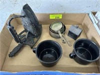 Flat w/old iron, cups, metal measuring cups