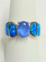.925 Silver Tanzanite & Blue Opal Ring Sz 9   CH