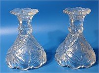 Pair of Blown, Cupped Candlesticks w/Daisy Cutting