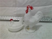 2 MILK GLASS CHICKEN CANDY DISHE'S