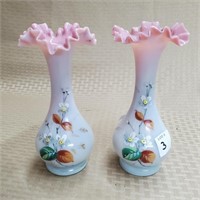 Pair of Victorian Handpainted Ruffled Vases