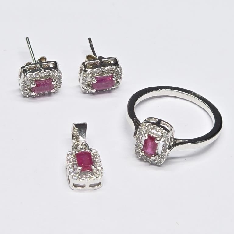 Silver Ruby Cz(2.25ct) Earring Ring Pendant Set