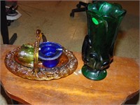 Green Fenton Vase & Amberina Glass Basket Plus