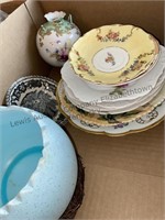Box of decorative dishes and more