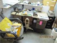 metal desk, 2 office chairs, parts cabinet,
