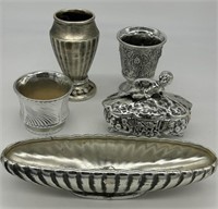 (5)pcs Vintage Silver Luster USA Pottery Vase Bowl