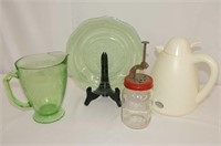 Green Depression Pitcher and Plate, Cherry Pitter