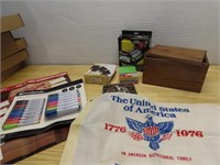 Markers, bicentennial flag, wood box.