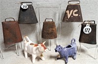 5 ANTIQUE SHABBY METAL COW BELLS & 2 COW CREAMERS