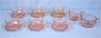 8 Lace Edge Pink Cups & Saucers w/ Creamer & Sugar