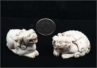 2 PC. CARVED JAPANESE NETSUKE RECUMBENT FOO DOGS