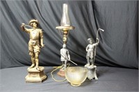 2 Metal Statues and a Metal Warrior Table Lamp