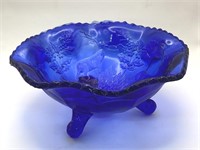VINTAGE FOOTED COBALT BLUE GLASS BOWL WITH HOLLY,