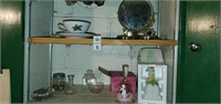 2 shelves,  random glassware, bells, vintage