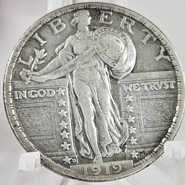 Key 1919-D U.S. Standing Liberty Silver Quarter VF