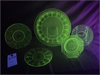 (5) VTG Uranium Depression Glass Plates Assorted