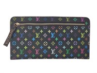 Black Multi-colored Leather Top Zip Long Wallet