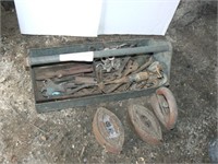 Tool caddy with hand tools and 3 sad irons