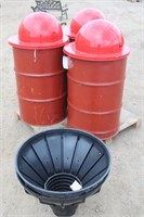 (3) Metal Barrels w/Trash Top Lids & (2) Funnel