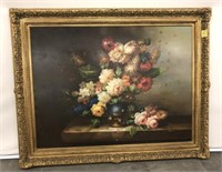 LARGE OIL ON CANVAS FLORAL WITH ORNATE FRAME