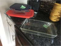 3 glass baking dishes, 2 w/lids