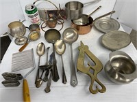 Misc antique pieces - small pots, spoons , napkin