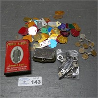Prince Albert Tin, Assorted Dog Tags & Keys, Etc