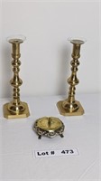 BRASS CANDLE STICKS AND CANDLE HOLDER