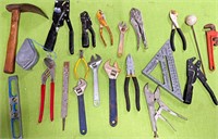 TABLE LOT OF ASSORTED PLIERS WRENCHES & MISC TOOLS