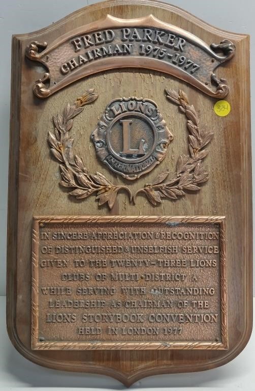 Wood & Metal Fred Parker Lions Club Plaque