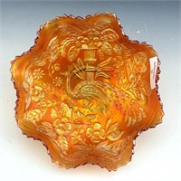 Fenton Marigold Peacock & Urn Ruffled Bowl