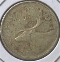 Silver 1964 Canadian quarter