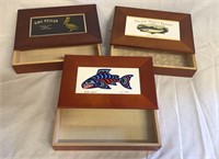 3) Wooden Boxes 1960s "Salmon Legend" Folk Art