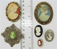 6 Vintage Cameo Brooches - Various Sizes