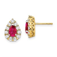 14k-Pear Ruby and Diamond Halo Post Earrings
