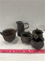 Metal Hanging Pots, Pitcher and Cast Iron Cauldron