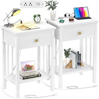 White Nightstand with Charging Station Set of 2,