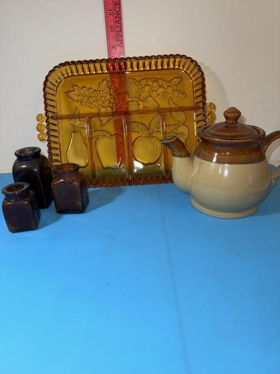 Vtg amber glass relish tray. Brown bottle decor.