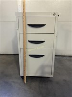 28" tall three drawer filing cabinet on wheels.
