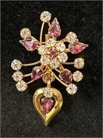 Vintage rhinestone dangling heart brooch