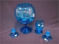 Four items: 13 1/2" Empoli Blue Optic globe vase,