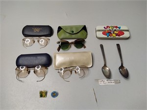 Glasses with Holders, Vintage Spoons, Pins