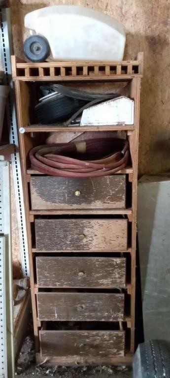 Wooden shelf and contents