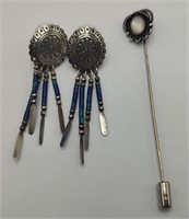 Native American Sterling & MOP Stick Pin, Earrings
