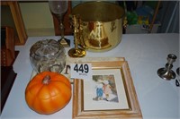 BRASS PLANTER,PUMPKINS & 2 PIECES OF HOME DCOR