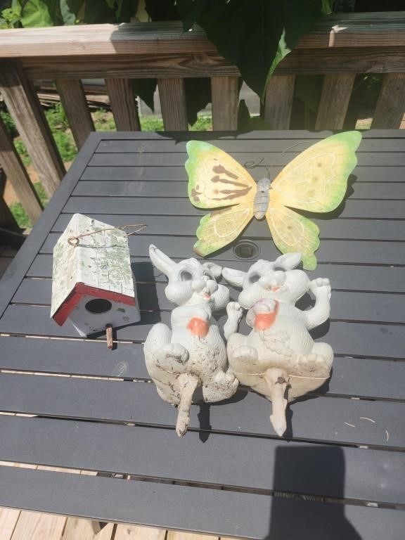 Small birdhouse, plastic bunnies, metal butterfly