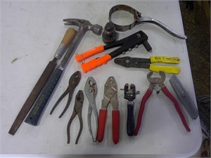 hammer, pliers, rivet gun, wire strippers