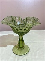 Fenton Green Glass Ruffled Pedestal Bowl