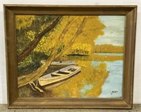 (RK) Artist Signed Boat Oil Painting on Board 23”