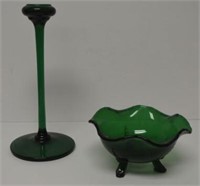 Green Glass Candlestick & Footed Bowl